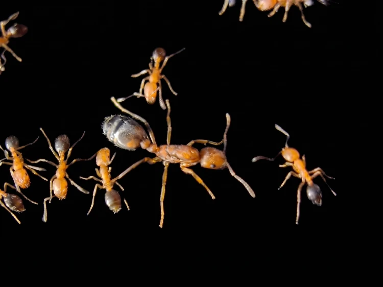 Colonie de Monomorium bicolor avec reine et petites ouvrières orange vif sur fond sombre