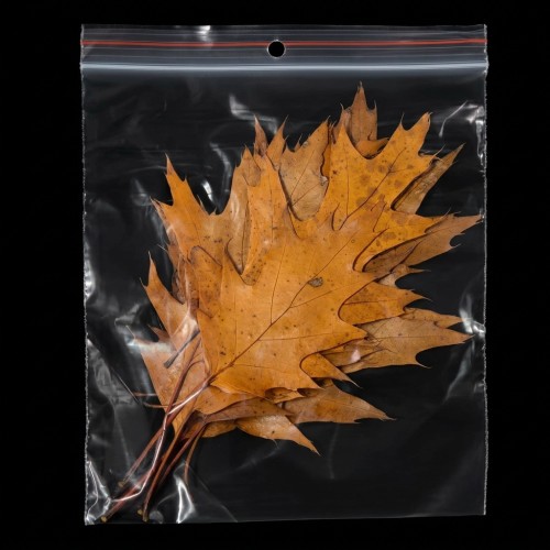 Package of dried red oak leaves in a transparent zip-lock bag.